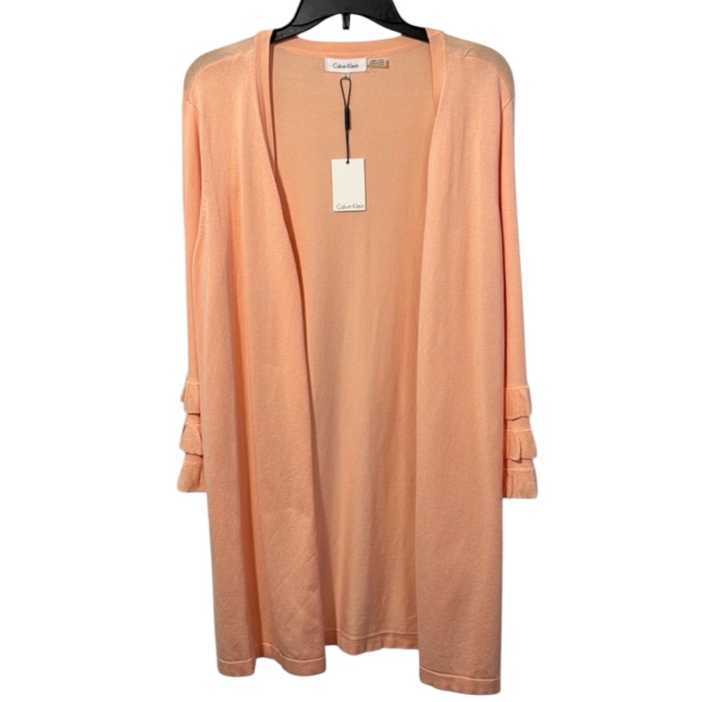 Calvin Klein Cardigan Pink Open Front Tiered Ruffle‎ Cuffs Tunic in Sz L  NWT